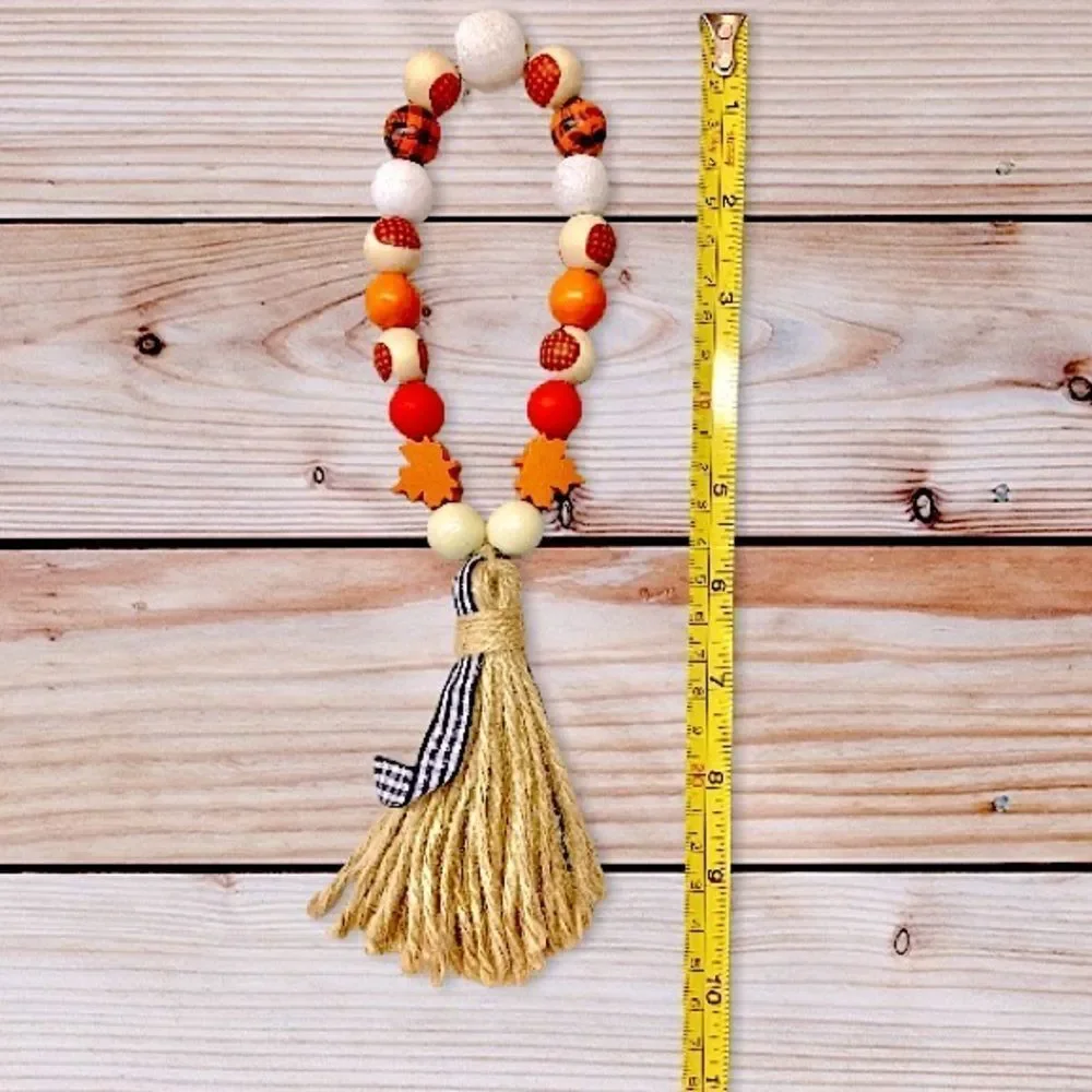 NEW Wood Bead Garland with Plaid Tassels